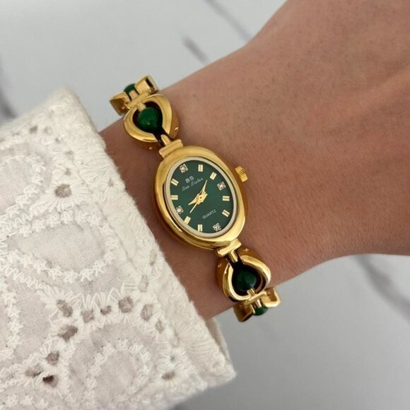 American Vintage Accessories - Sku0456 Retro Gold Green Pearl Gemstones Women Fashion Watch Bracelet + gift box